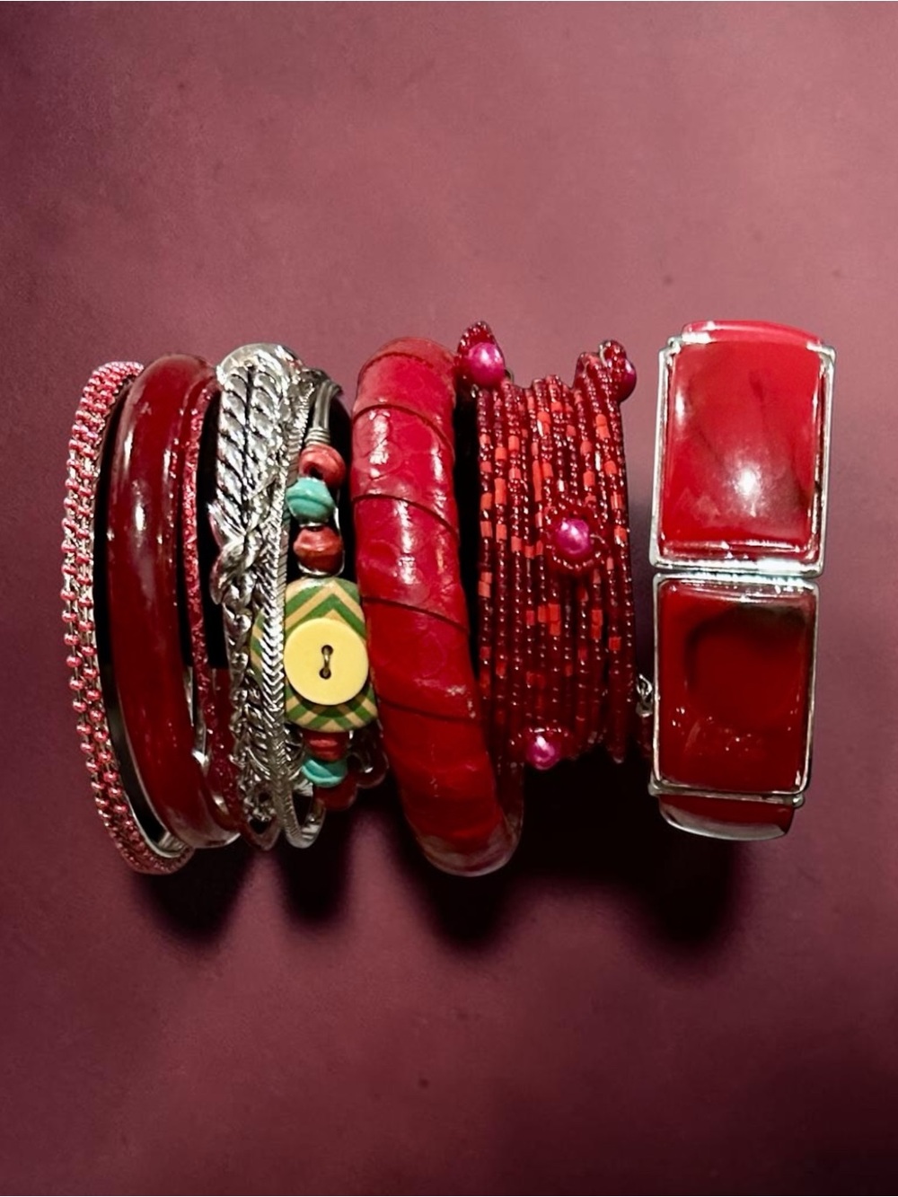 Bohemian Red Chunky Bracelet Stack Mixed Media Beaded Bangle Set